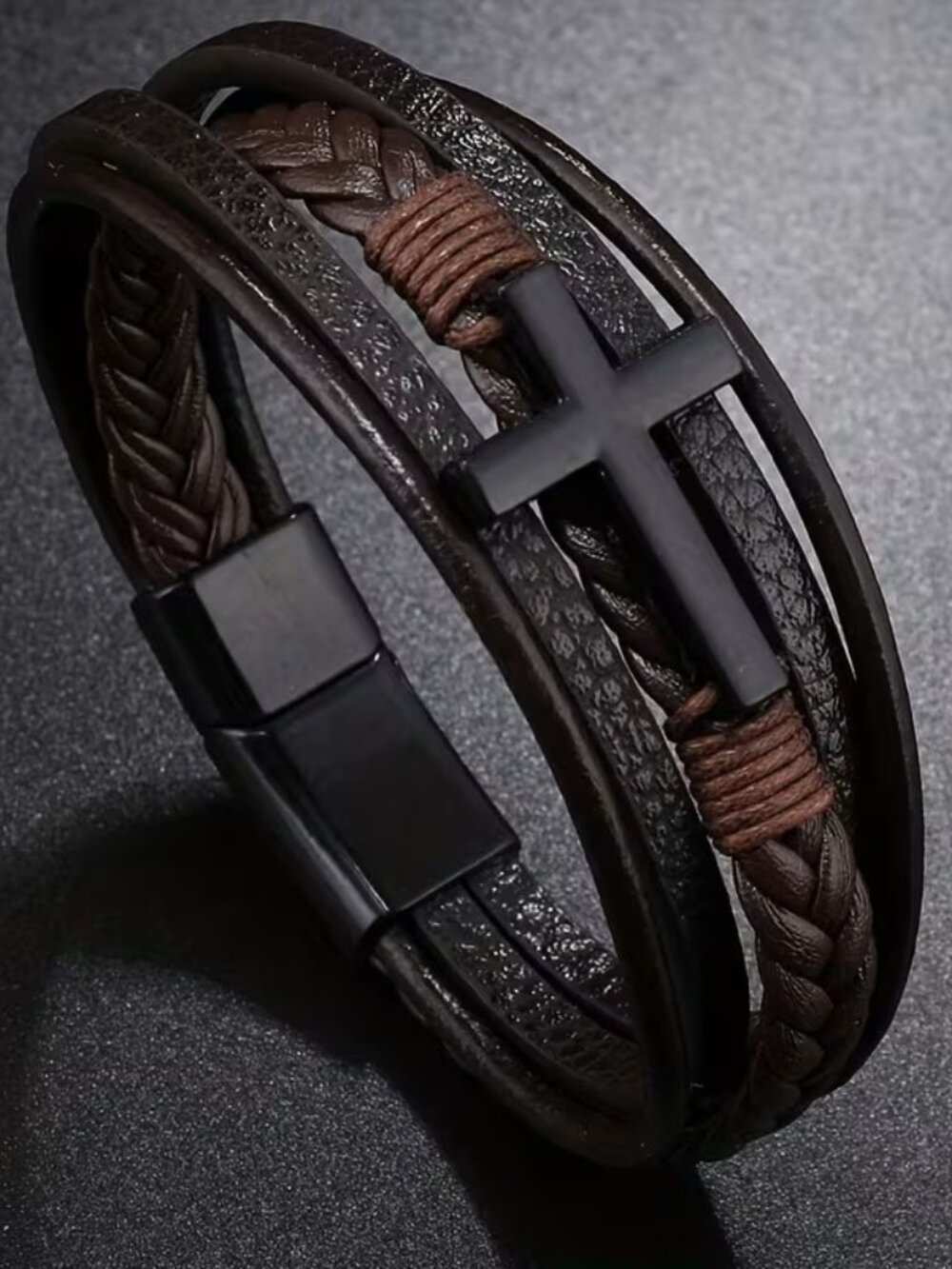 Men's Black Cross w/ Brown Bracelet Christian Faith Religious Jesus Wristband